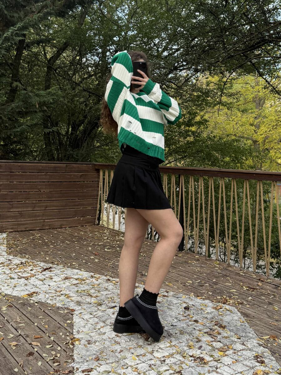 ROUND NECK SCRATCHES STRIPED WOMEN SWEATER WHITE/GREEN-BAJE - 1