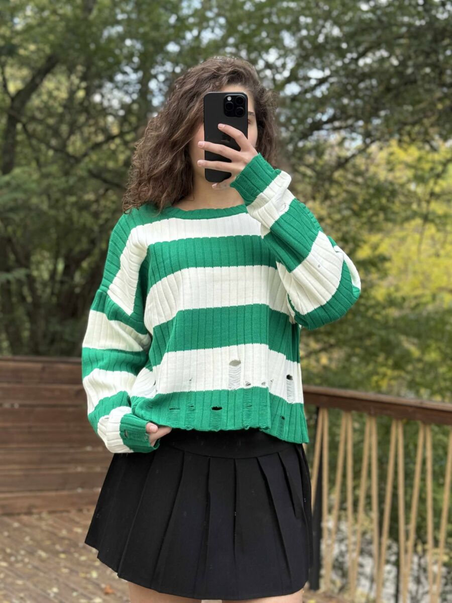 ROUND NECK SCRATCHES STRIPED WOMEN SWEATER WHITE/GREEN-BAJE - 3