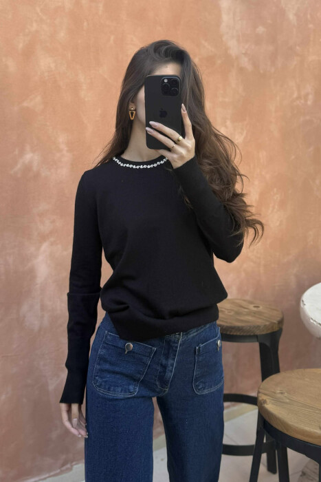 ROUND NECK SHINY STONES DETAIL WOMEN SWEATER BLACK/ E ZEZE - 4