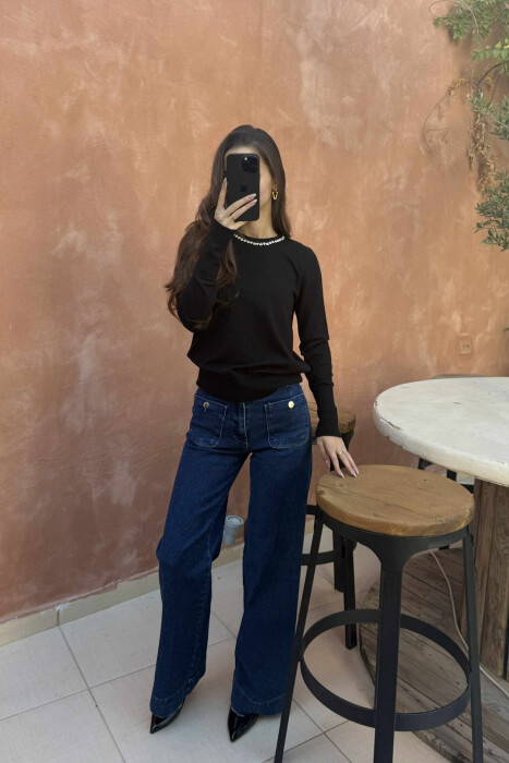 ROUND NECK SHINY STONES DETAIL WOMEN SWEATER BLACK/ E ZEZE 