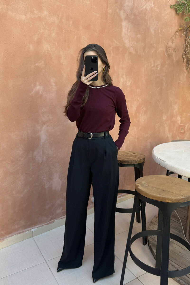 ROUND NECK SHINY STONES DETAIL WOMEN SWEATER BURGUNDY/VISHNJE - 1