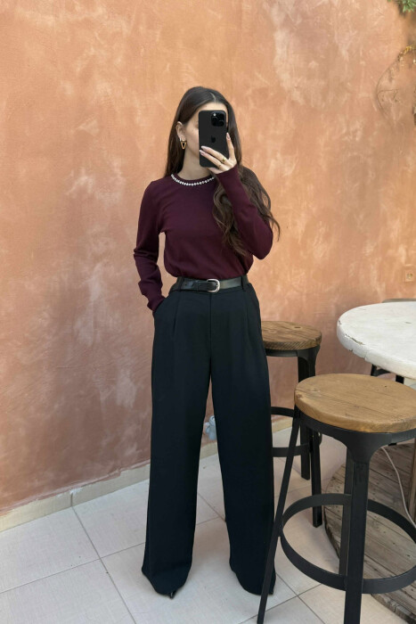 ROUND NECK SHINY STONES DETAIL WOMEN SWEATER BURGUNDY/VISHNJE - 2