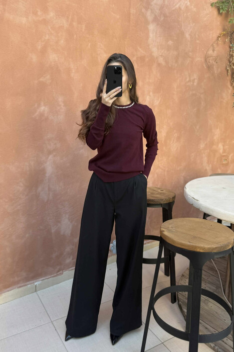 ROUND NECK SHINY STONES DETAIL WOMEN SWEATER BURGUNDY/VISHNJE - 3