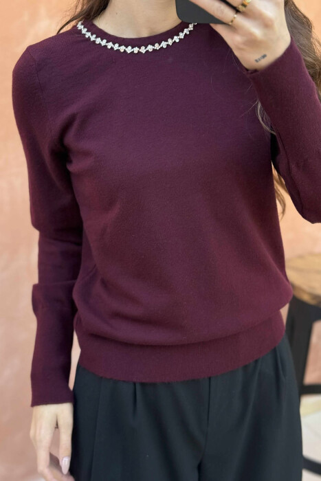 ROUND NECK SHINY STONES DETAIL WOMEN SWEATER BURGUNDY/VISHNJE - 4