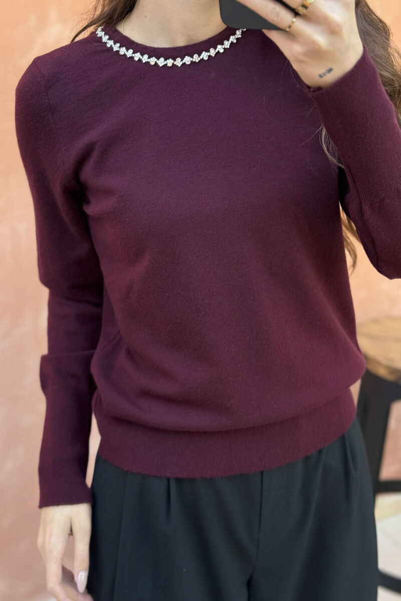 ROUND NECK SHINY STONES DETAIL WOMEN SWEATER BURGUNDY/VISHNJE - 4