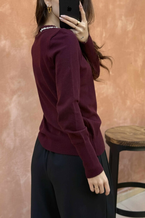 ROUND NECK SHINY STONES DETAIL WOMEN SWEATER BURGUNDY/VISHNJE - 6