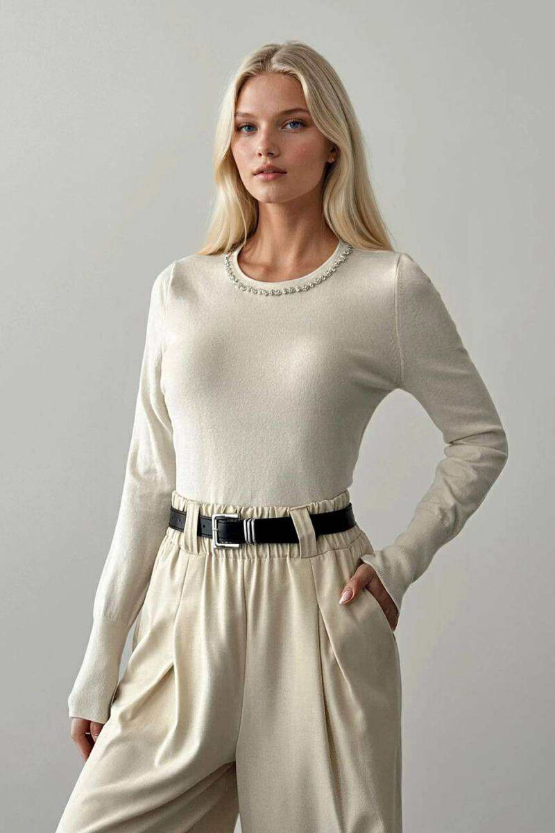 ROUND NECK SHINY STONES DETAIL WOMEN SWEATER CREAM/KREM - 1