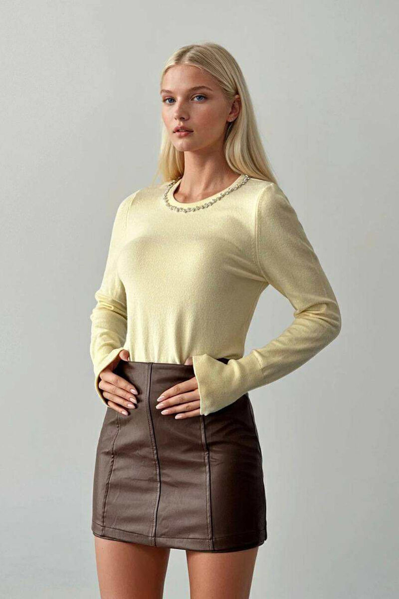 ROUND NECK SHINY STONES DETAIL WOMEN SWEATER LEMON/ LIMON - 1