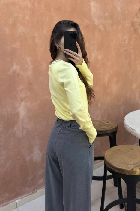 ROUND NECK SHINY STONES DETAIL WOMEN SWEATER YELLOW/E VERDHE - 3