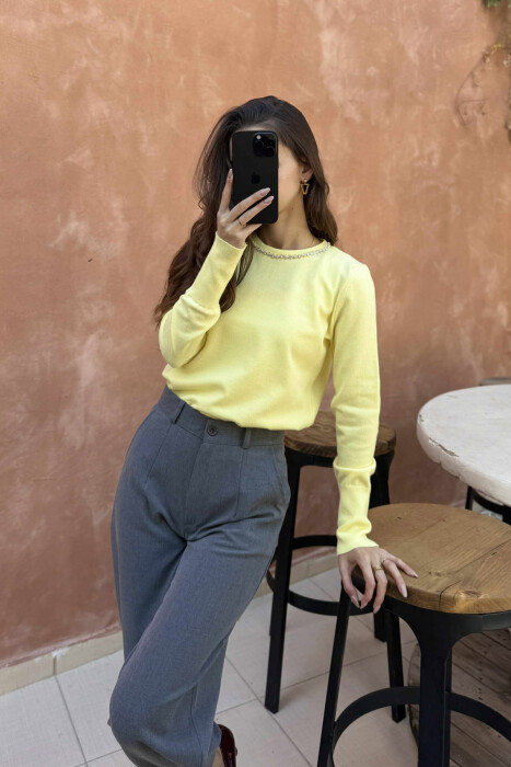 ROUND NECK SHINY STONES DETAIL WOMEN SWEATER YELLOW/E VERDHE - 4