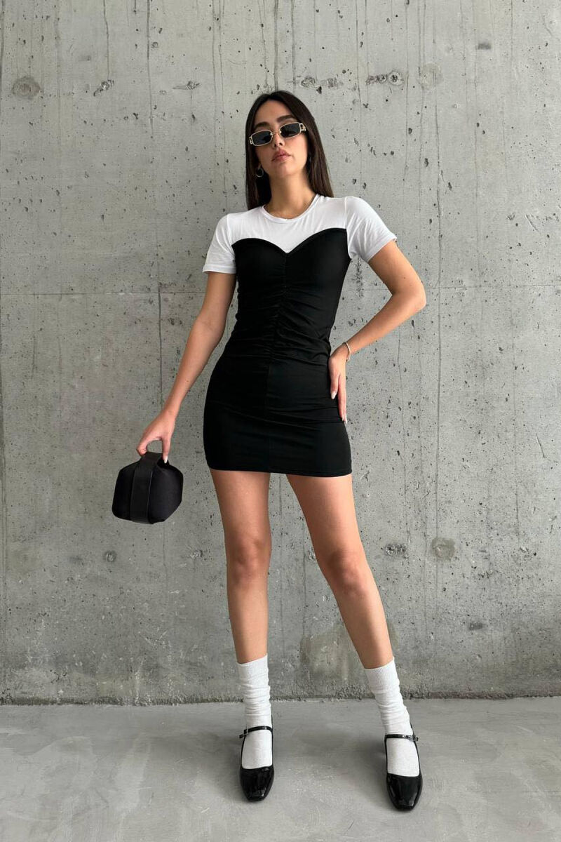 ROUND NECK SHORT DRESS BLACK-WHITE/ZB - 1