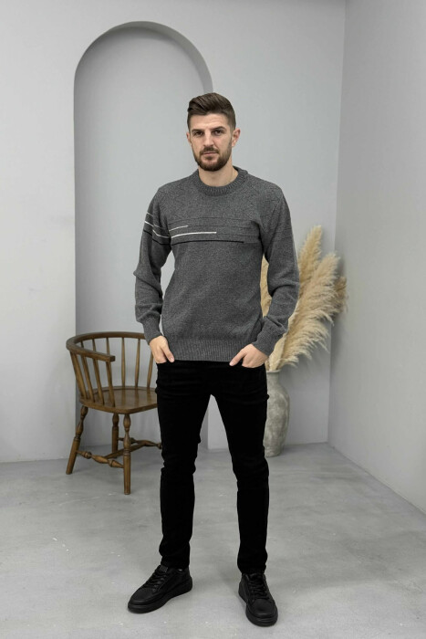 ROUND NECK SIMPLE DESIGN MEN SWEATER DARK GREY/GEE 