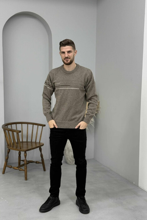 ROUND NECK SIMPLE DESIGN MEN SWEATER LIGHT BROWN/KAZB - 1