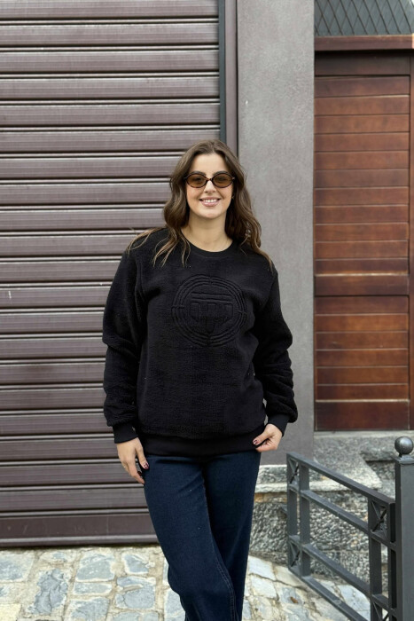ROUND NECK SIMPLE FLUFFY WOMEN SWEATSHIRT BLACK/ E ZEZE - 3