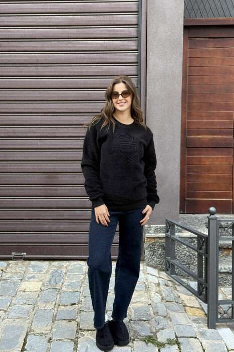 ROUND NECK SIMPLE FLUFFY WOMEN SWEATSHIRT BLACK/ E ZEZE 