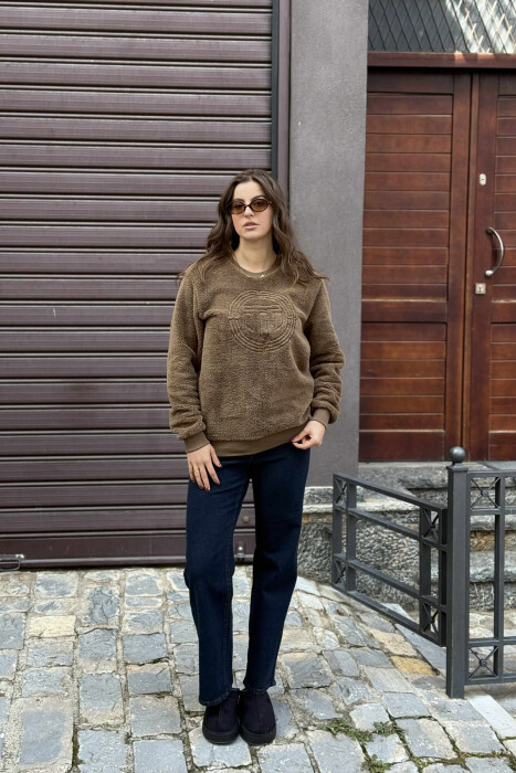 ROUND NECK SIMPLE FLUFFY WOMEN SWEATSHIRT BROWN/KAFE 