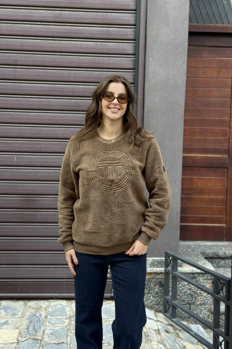 ROUND NECK SIMPLE FLUFFY WOMEN SWEATSHIRT BROWN/KAFE - 2