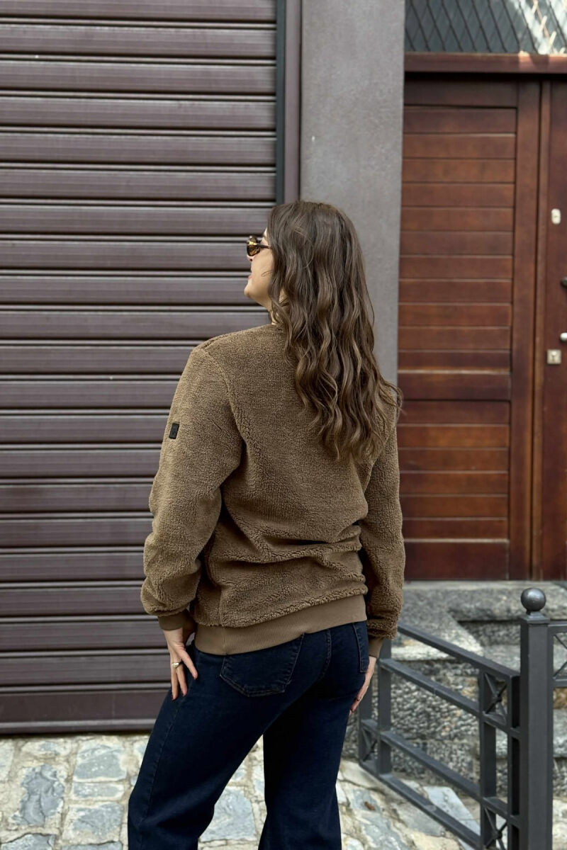 ROUND NECK SIMPLE FLUFFY WOMEN SWEATSHIRT BROWN/KAFE - 3