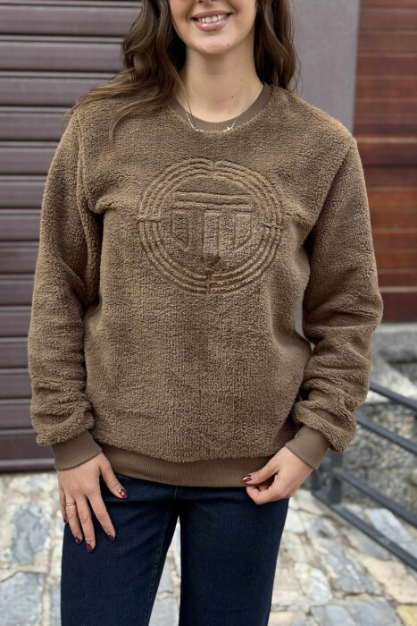 ROUND NECK SIMPLE FLUFFY WOMEN SWEATSHIRT BROWN/KAFE - 4