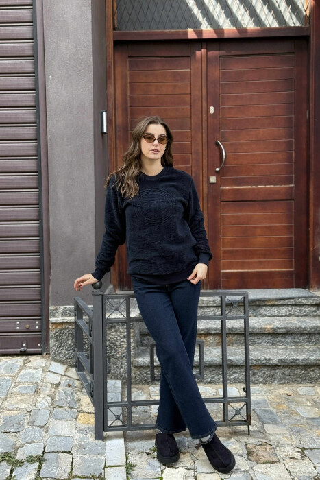 ROUND NECK SIMPLE FLUFFY WOMEN SWEATSHIRT DARK BLUE/BEE - 1