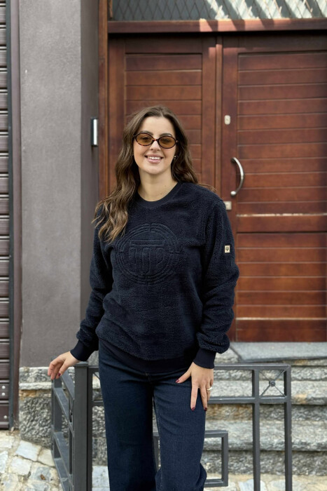 ROUND NECK SIMPLE FLUFFY WOMEN SWEATSHIRT DARK BLUE/BEE - 2