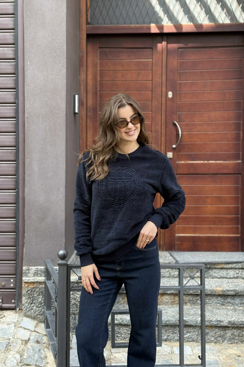 ROUND NECK SIMPLE FLUFFY WOMEN SWEATSHIRT DARK BLUE/BEE - 3