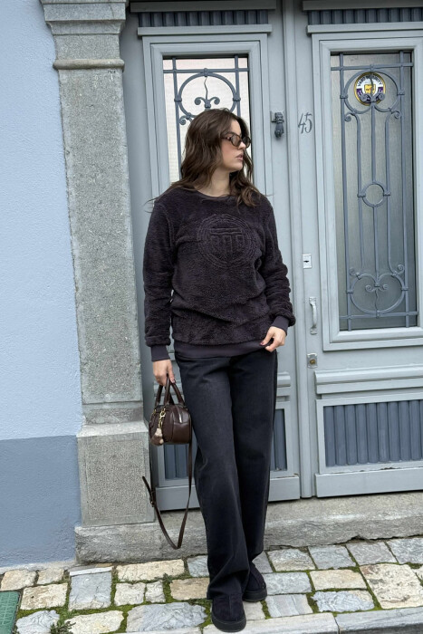 ROUND NECK SIMPLE FLUFFY WOMEN SWEATSHIRT DARK GREY/GEE 