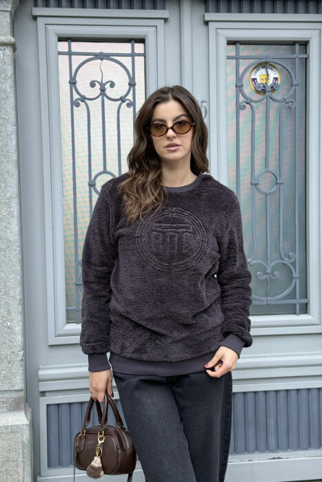 ROUND NECK SIMPLE FLUFFY WOMEN SWEATSHIRT DARK GREY/GEE - 2