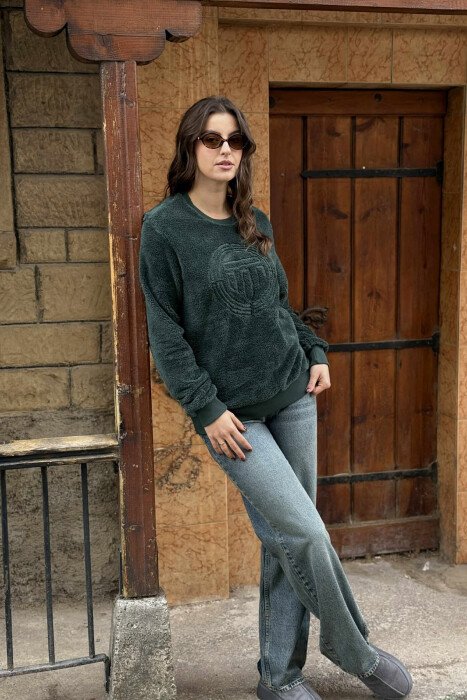 ROUND NECK SIMPLE FLUFFY WOMEN SWEATSHIRT GREEN/JESHILE - 1