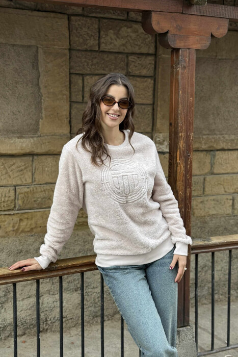 ROUND NECK SIMPLE FLUFFY WOMEN SWEATSHIRT POWDER/PUDER - 1