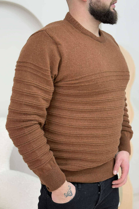 ROUND NECK SIMPLE MEN SWEATER BROWN/KAFE - 3