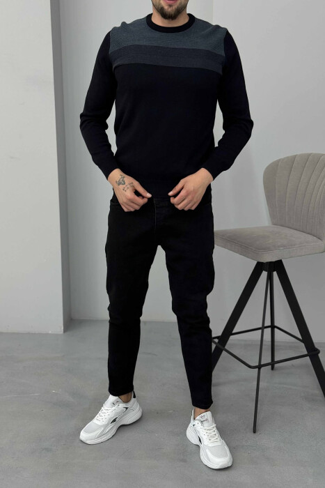 ROUND NECK SIMPLE MEN SWEATER DARK BLUE/BEE - 