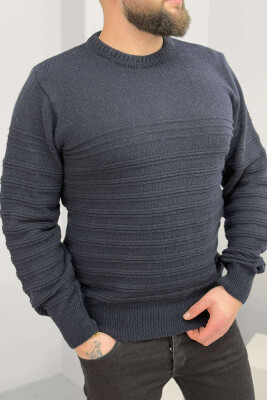 ROUND NECK SIMPLE MEN SWEATER DARK BLUE/BEE 