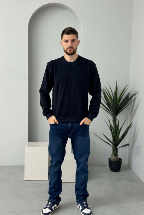 ROUND NECK SIMPLE MEN SWEATER DARK BLUE/BEE - 1