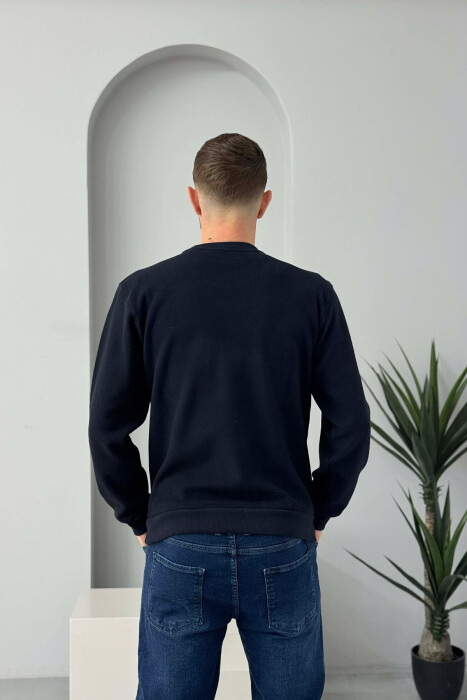 ROUND NECK SIMPLE MEN SWEATER DARK BLUE/BEE - 3