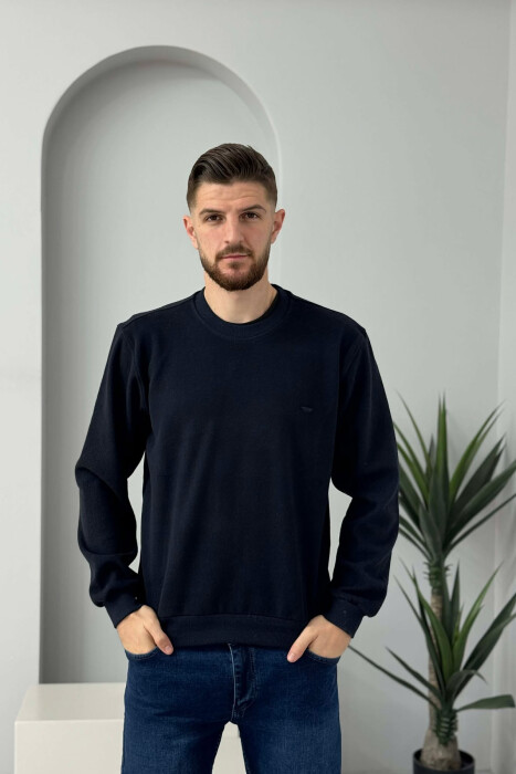 ROUND NECK SIMPLE MEN SWEATER DARK BLUE/BEE - 4