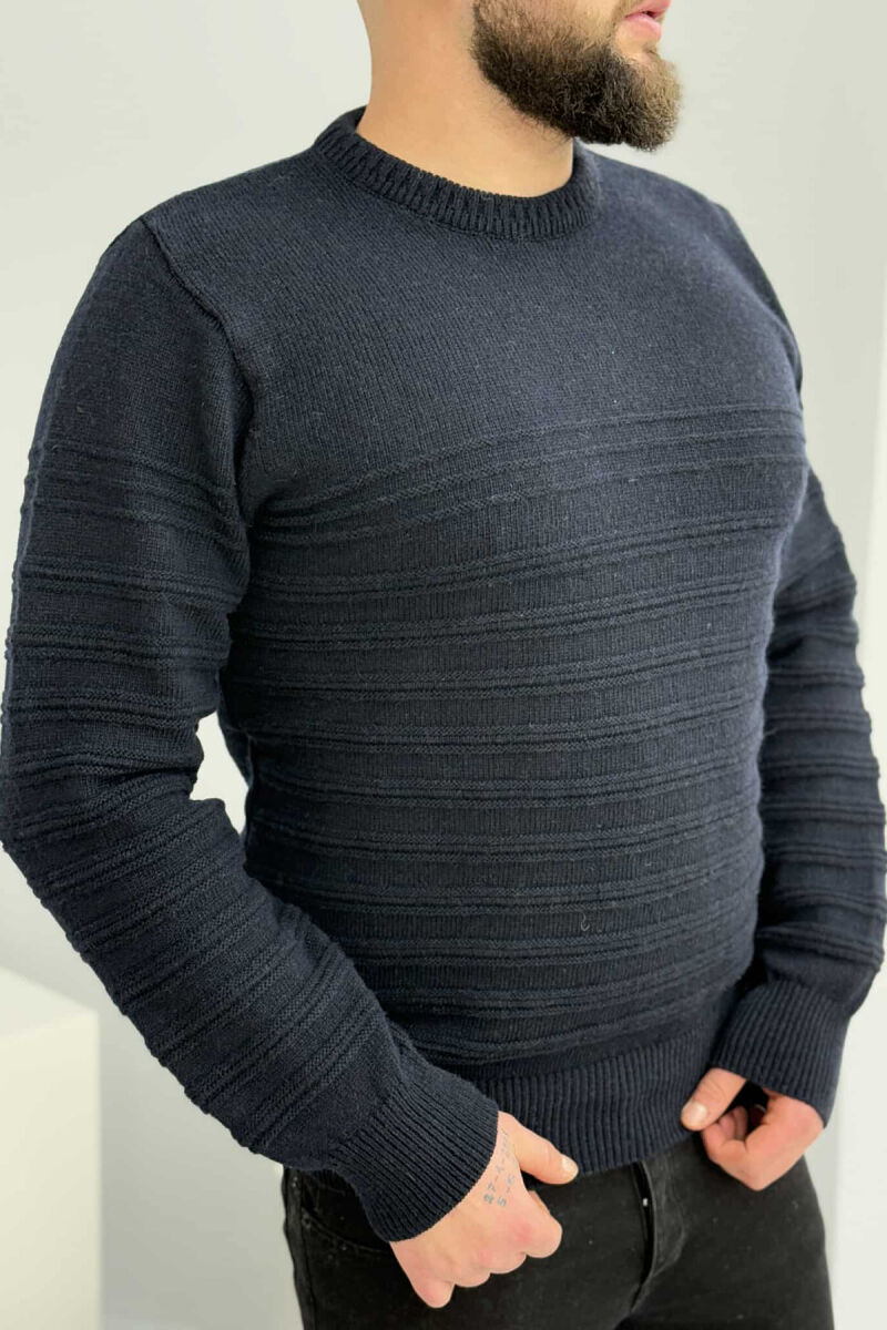 ROUND NECK SIMPLE MEN SWEATER DARK BLUE/BEE - 2