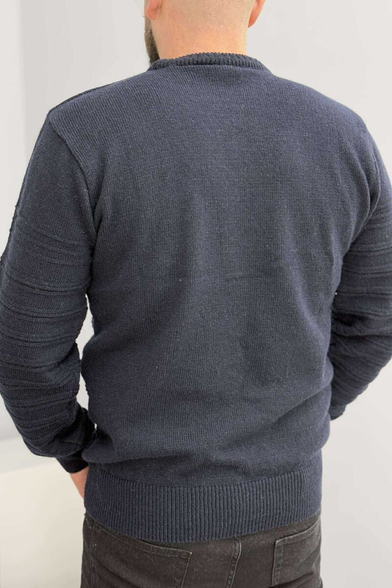 ROUND NECK SIMPLE MEN SWEATER DARK BLUE/BEE - 4