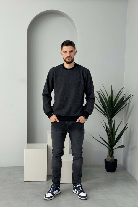 ROUND NECK SIMPLE MEN SWEATER DARK GREY/GEE - 