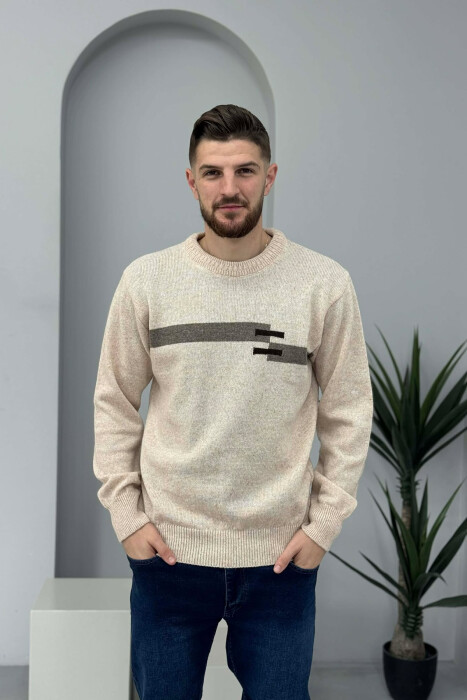 ROUND NECK SIMPLE MEN SWEATER BEIGE/BEZHE - 3