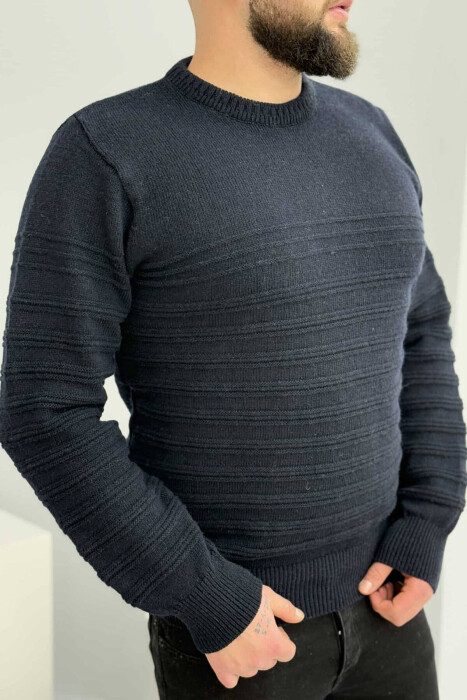 ROUND NECK SIMPLE MEN SWEATER IN DARK BLUE COLOR - 2