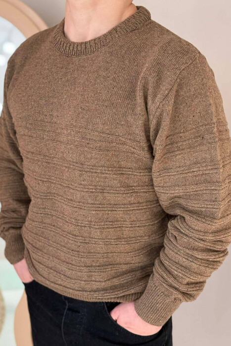 ROUND NECK SIMPLE MEN SWEATER LIGHT BROWN/KAZB - 4