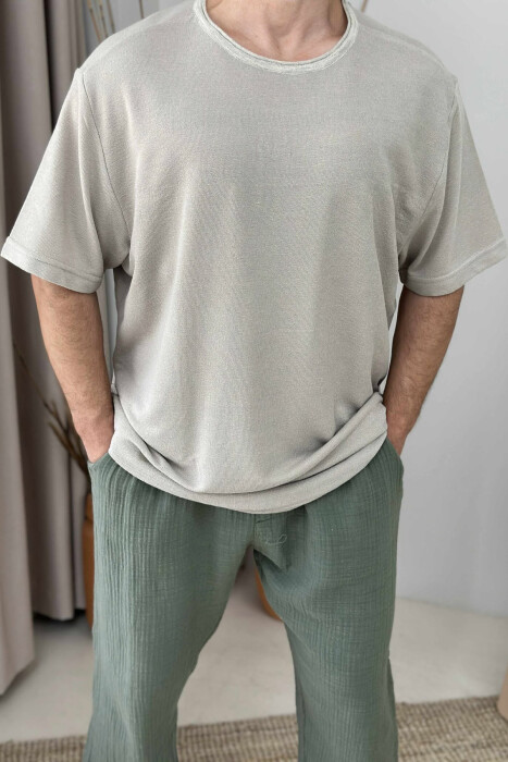 ROUND NECK SIMPLE MEN T-SHIRT BEIGE/BEZHE - 2