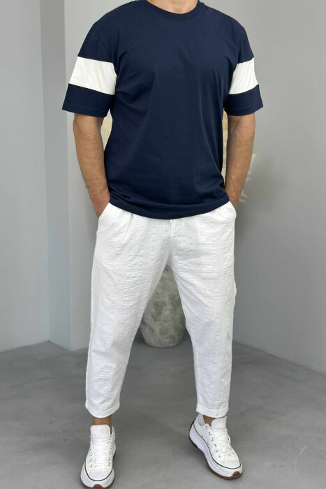 ROUND NECK SIMPLE MEN T-SHIRT DARK BLUE/BEE - 1