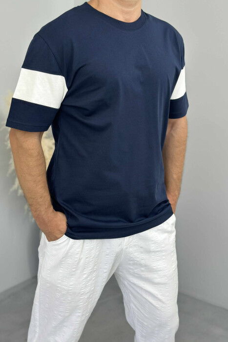 ROUND NECK SIMPLE MEN T-SHIRT DARK BLUE/BEE - 2
