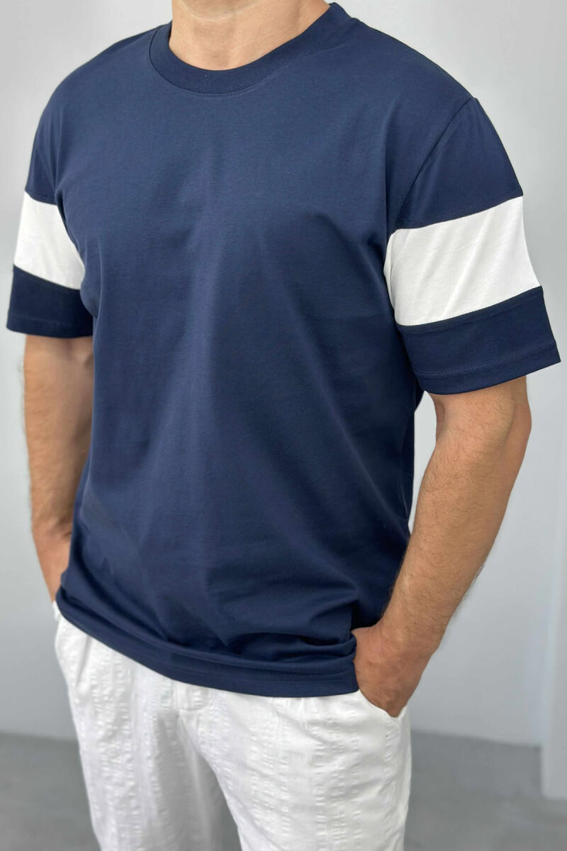 ROUND NECK SIMPLE MEN T-SHIRT DARK BLUE/BEE - 3