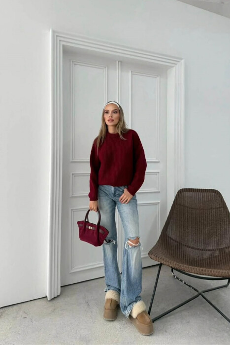 ROUND NECK SIMPLE WOMEN SWEATER BURGUNDY/VISHNJE 