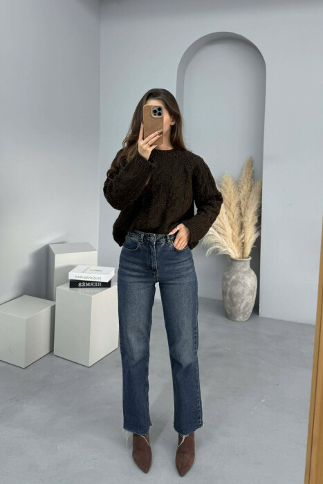 ROUND NECK SIMPLE WOMEN SWEATER DARK BROWN/KAE - 1