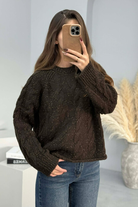 ROUND NECK SIMPLE WOMEN SWEATER DARK BROWN/KAE - 2