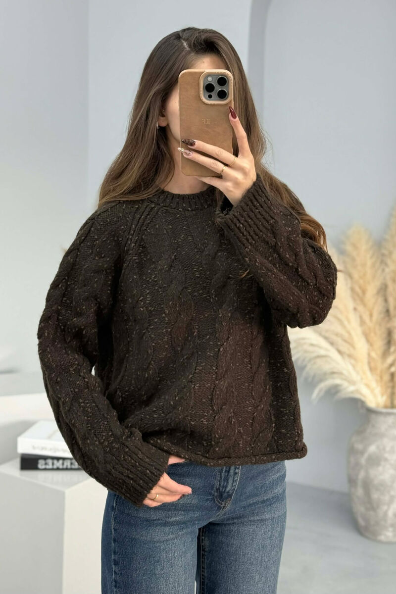 ROUND NECK SIMPLE WOMEN SWEATER DARK BROWN/KAE - 2
